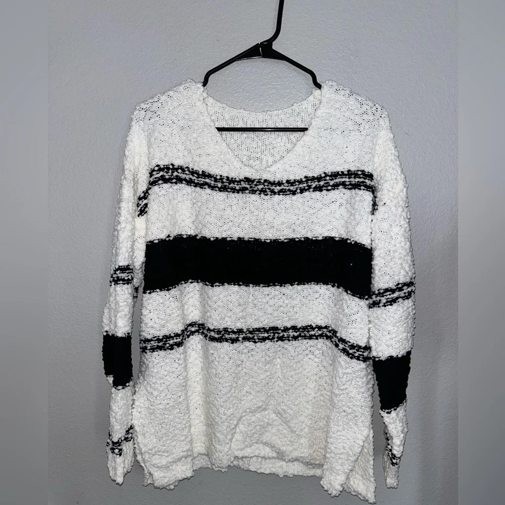 Black and White V-Neck Striped Oversized Knit Sweater - Picture 2 of 5
